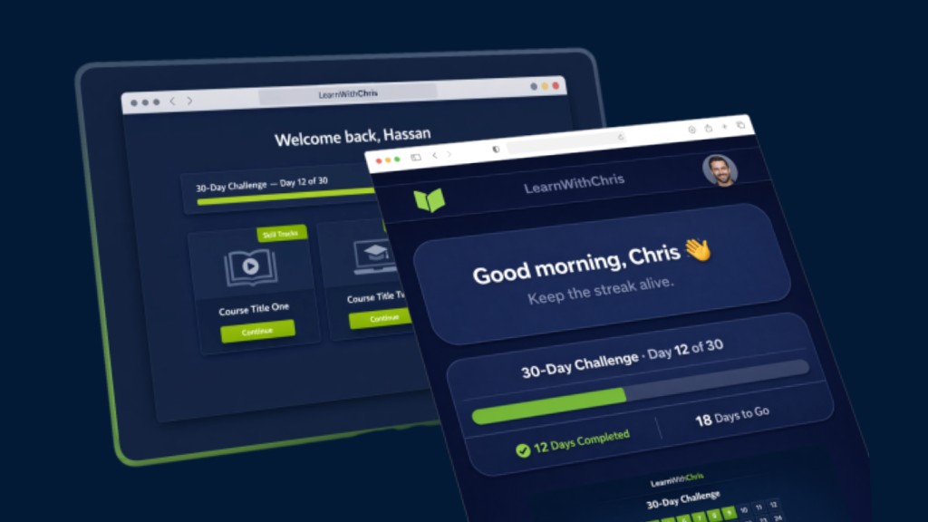 LearnWithChris dashboard — 30-day challenge and streak progress